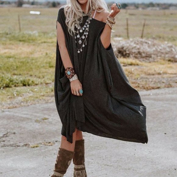 Three Bird Nest Tops - Oversized Boho Poncho Style Tunic Bohemian 1X 2X 3X XL Large Dark Gray